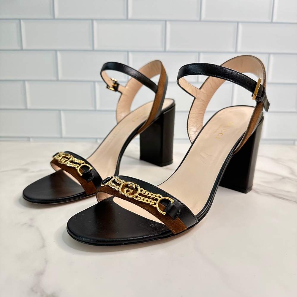 GUCCI Calfskin Suede Ava Chain Heel Sandals 39.5 Black